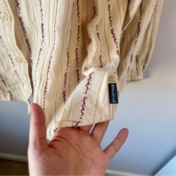 Vtg Woolrich Women’s Cream Burgundy/Red Tan Striped Cotton Button-Up Shirt Sz L - Picture 6 of 15